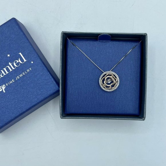 Enchanted Disney Fine Jewelry BELLE Rose Necklace Sterling Silver Diamond 1/5ct - Picture 4 of 8